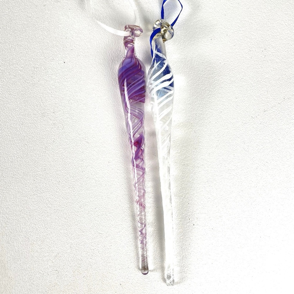 2 Hand Blown Art Glass Icicle Ornaments Purple White Swirl Christmas Suncatcher